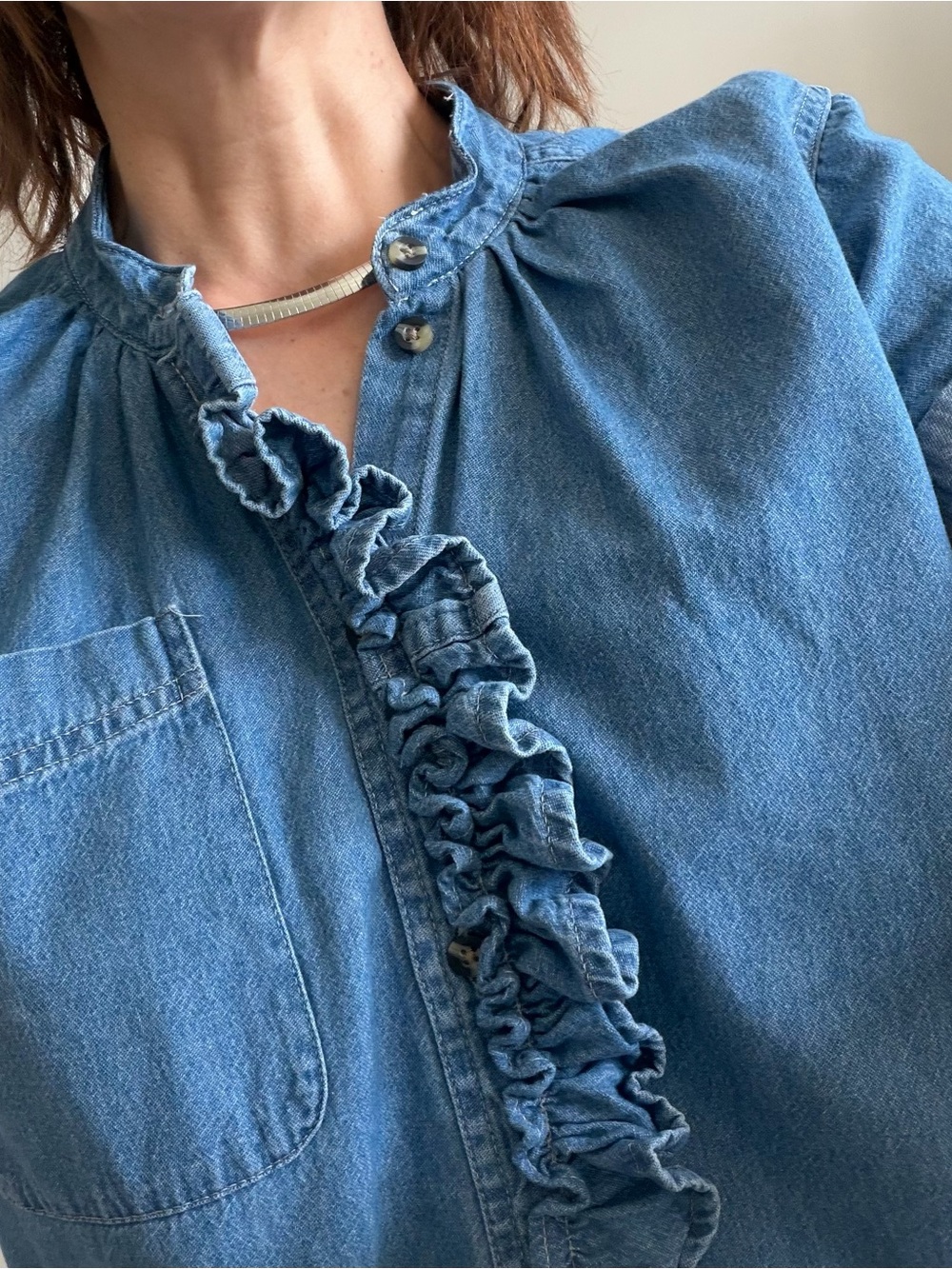 KMJ "CORI" Denim vertical Ruffle Button-Down Shirt - Light Blue - Picture 10 of 15